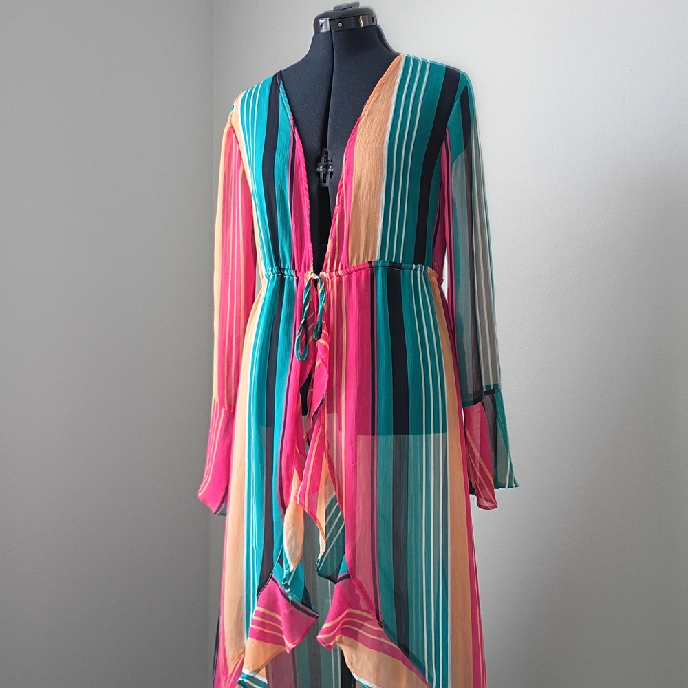 No Boundaries Long Sleeve Striped Maxi Dress in Pink, Teal & Peach